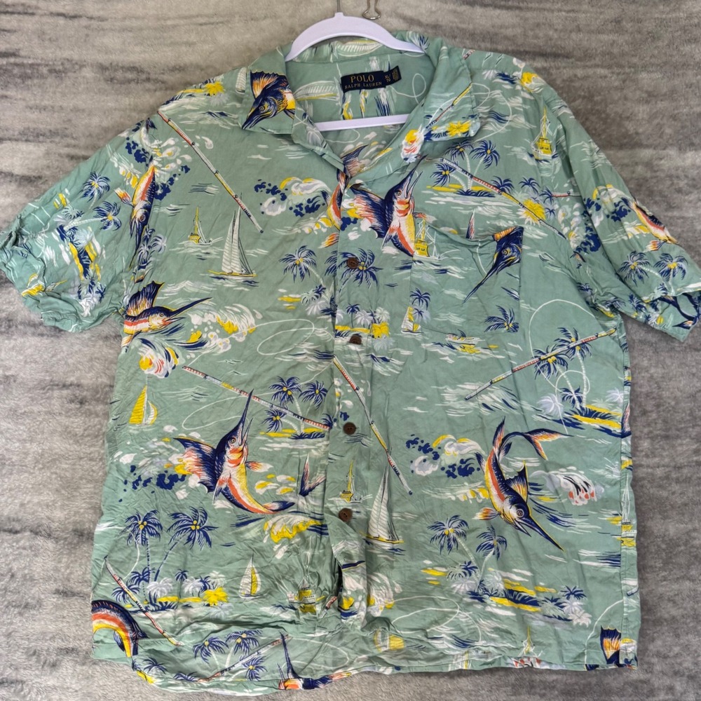 Polo Ralph Lauren Marlin Fishing Sailboat Tropical Camp Shirt Green Mens XL